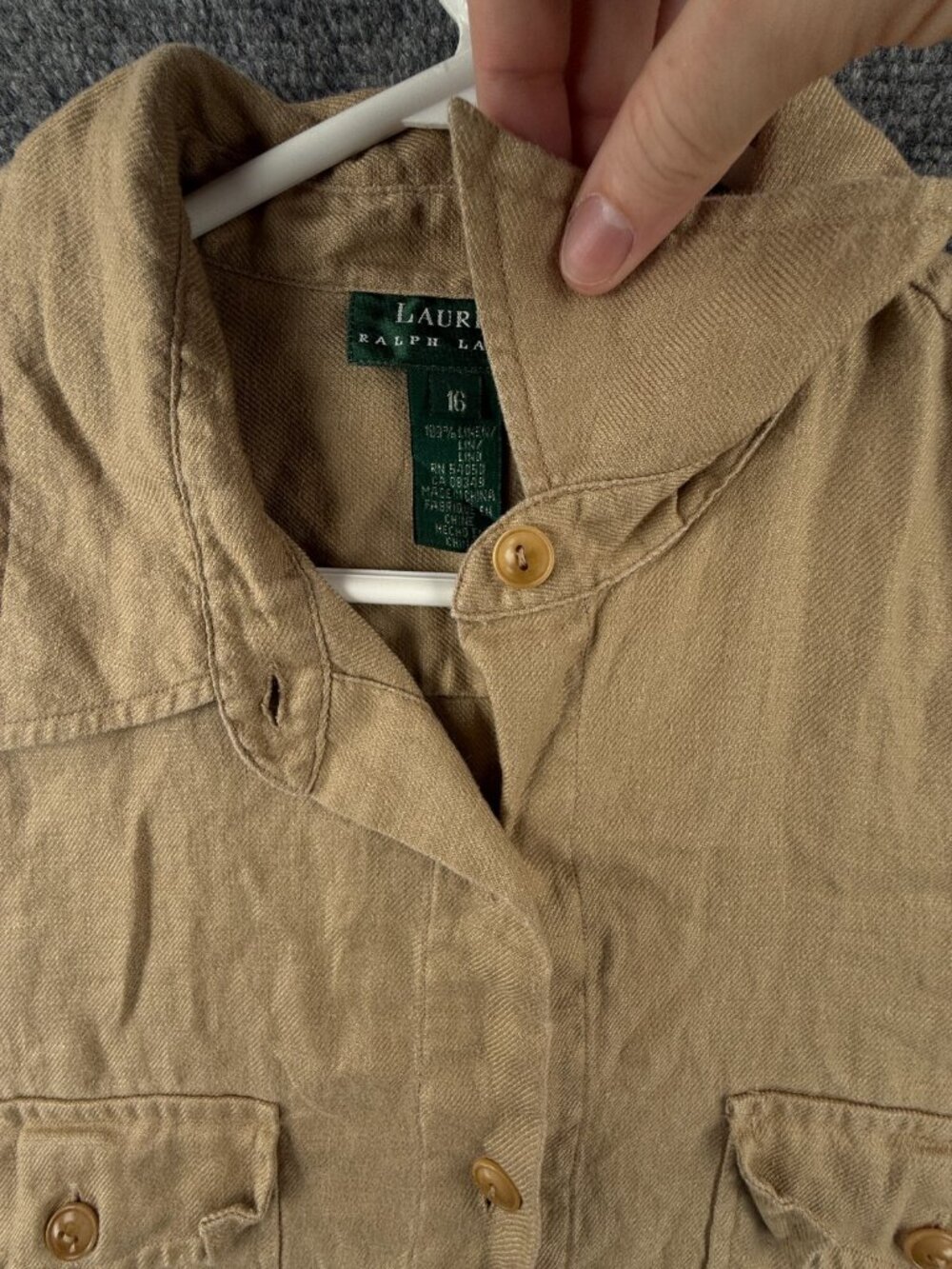 Lauren Ralph Lauren All Linen Size 16 Women Button Up Shirt Tan Long Sleeve - Picture 9 of 16